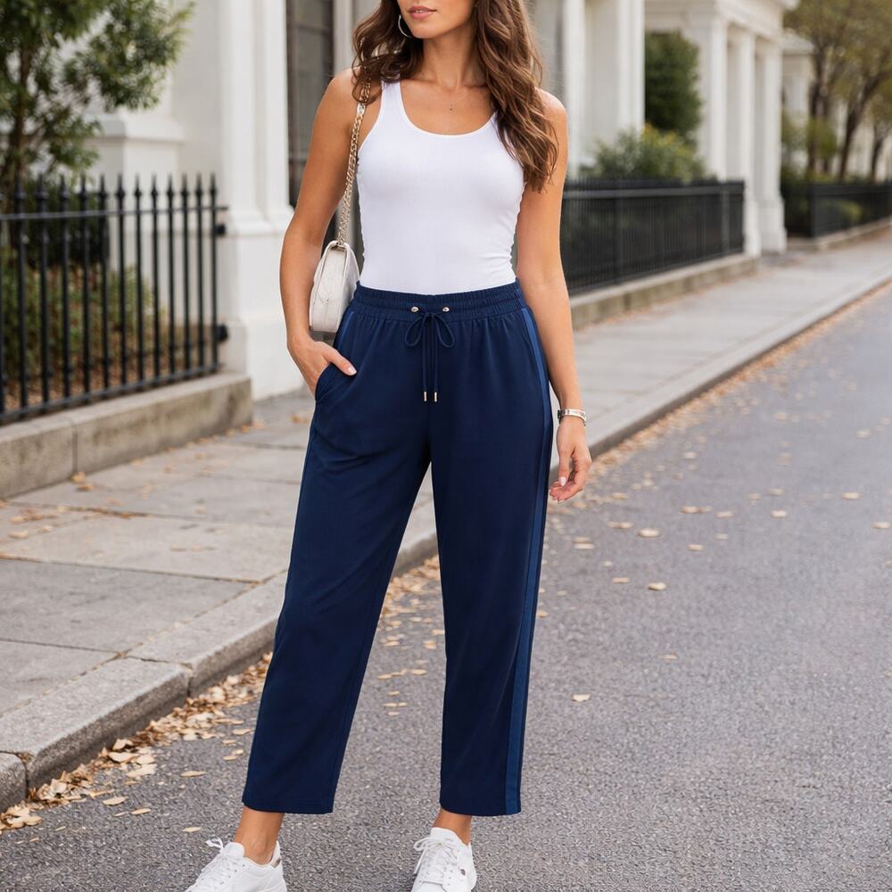 Black Label By Chico's SZ 3 (XL-16) Navy Blue Pull On Ankle Pants Silky Trim